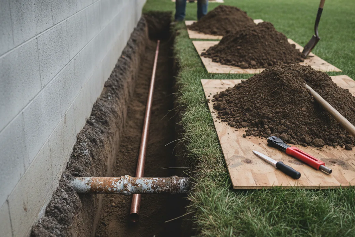 Excavated water line trench during Water Softener Installation in Hurdle Mills